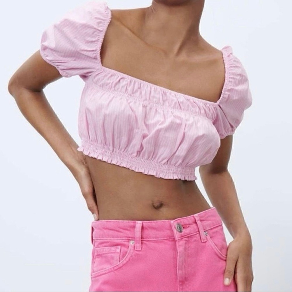 ZARA Pink Striped Puff Sleeve Crop Top Square Neck Poplin Blouse S